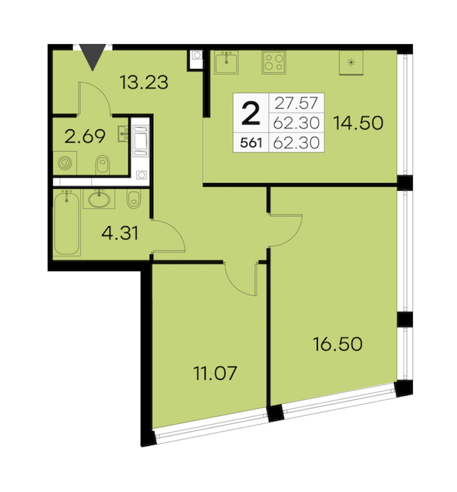 2-комнатная квартира 62.3 м², 17/19 эт., ЖК «GloraX Aura Vasileostrovsky»